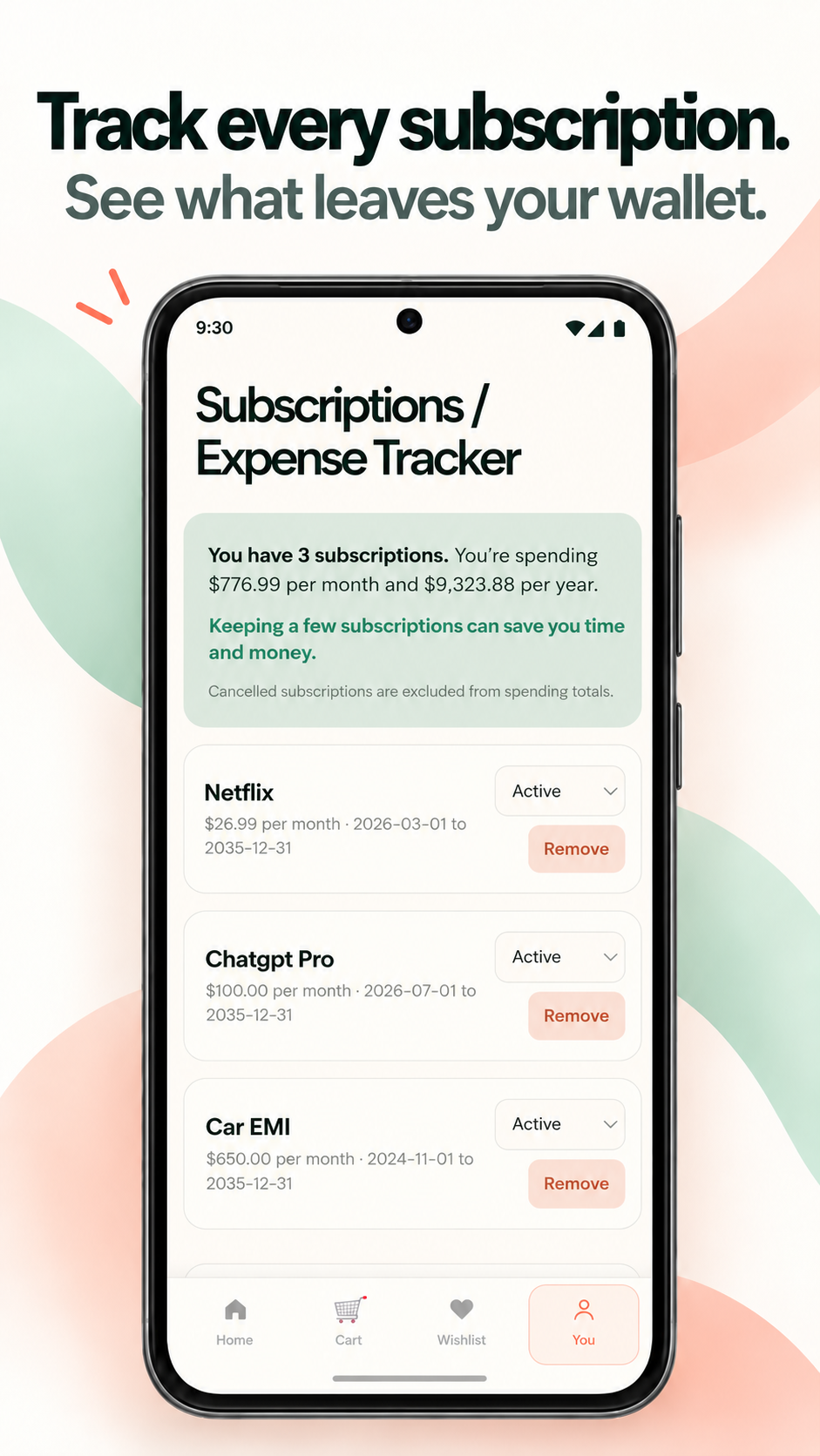 Subscriptions and expense tracker screenshot with recurring-cost examples
